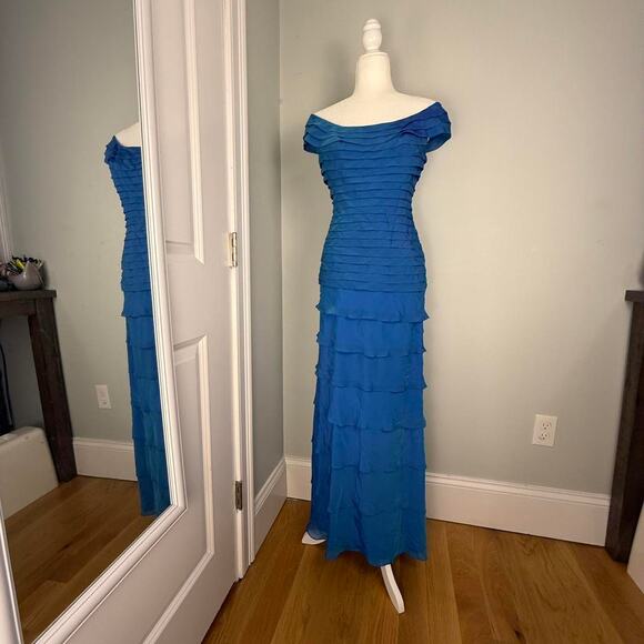 Blue Tadashi Collection off the shoulder formal gown dress ruffles tiered - US 2 - Picture 4 of 8